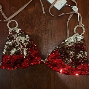 Brand new with tag beach bunny swim bikini top red and gold sequin small